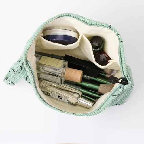 Small Cosmetic Bag set for Women Corduroy Makeup Bag with Interior Pocketes Cute Corduroy Makeup Pouches Women Small Toiletry Bag (Green Smile)