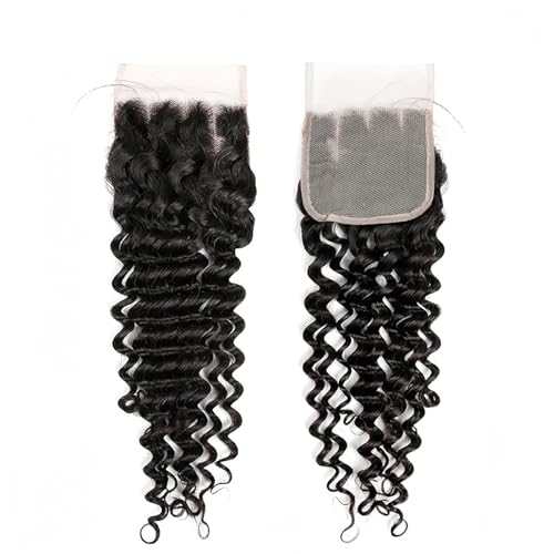 Deep Wave 5Bundles(50g/bundle) with 4x4 Lace Closure, Czrleaty Wet and Wavy Curly Human Hair Bundles with Closure, Unprocessed Brazilian Human Hair Extensions (14/14/14/14/14+14)