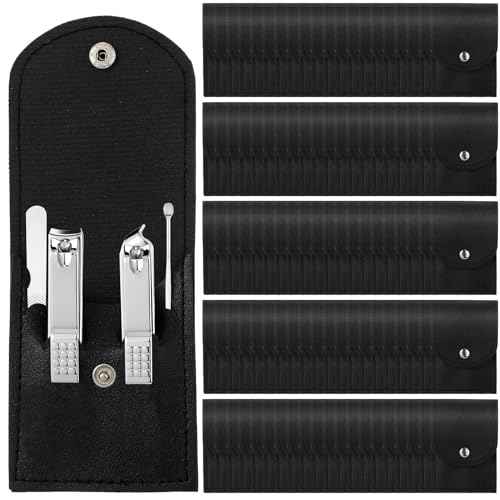 Lasnten 100 Bulk Nail Clipper Set Bulk Manicure Kit Stainless Steel Pedicure Professional Nail Care Kit with Travel Case Portable Grooming for Husband Men Women Family(Black,4 in 1)