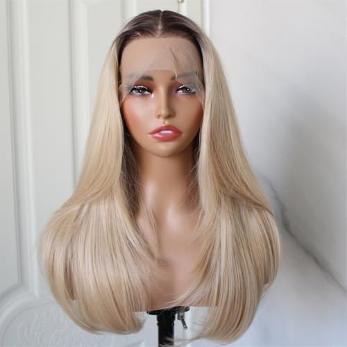 13x6 Wear and Go Ombre Blonde Wig Lace Front Wig with Brown Root Pre Plucked Glueless for Beginner Layered Straight Natural Looking Wig for Women 20 Inch