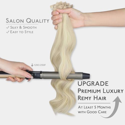 WENNALIFE Invisi Edge & Classic Tape in Hair Extensions Human Hair, 18 Inch 50g 20pcs(10pcs Invisi Edge & 10pcs Classic) Ash Blonde Highlighted Platinum Blonde Invisible Luxury Remy Hair Injected