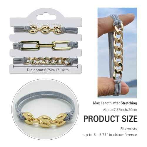 Bracelet Hair Ties Ponytail Holders, Gold Chain Link on Pink cord, Handmade Hair Elastic for Women Gray