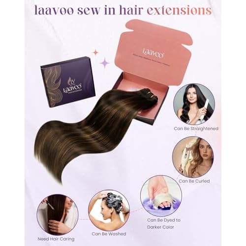 LaaVoo Weft Hair Extensions Human Hair Straight Hair Weft Extensions Dark Brown Ombre Light Brown Balayage Sew in Hair Extensions Real Human Hair Seamless 18 Inch 100g