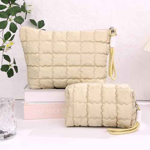 Richeart Makeup Bag Travel Toiletry Bag - Checkered Down Cotton Makeup Pouch for Women with Cosmetic and Pencil, Aesthetic Khaki Design, 2 Pieces