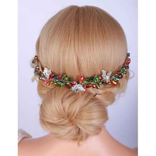 Teyglen Bride Crystal Wedding Hair Vine Bridal Red Green Rhinestone Pearl Headband with Butterfly Christmas Headband Rhinestone Headpiece Xmas Party Hair Accessories for Women Girls