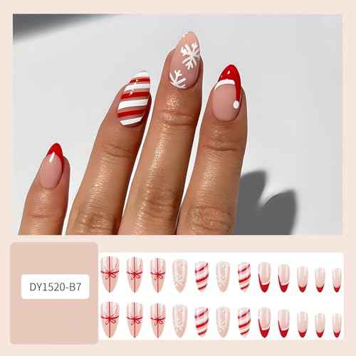 SINSEN Christmas Press on Nails Medium - Almond Fake Nails, Red French Tip False Nails With Designs, Full Cover Snowflake Glue on Nails for Women, 24Pcs (Santa Hat and Bowknot)