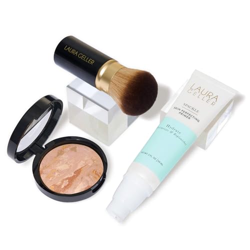 LAURA GELLER NEW YORK Laura's Must-Haves Kit 3pc: Baked Balance-n-Brighten Powder Foundation, Fair + Spackle Skin Perfecting Makeup Primer, Hydrate + Airbrush Round Kabuki Brush