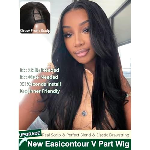 KLAIYI EasiContour V Part Wig Yaki Straight Human Hair Glueless Upgrade U Part Wigs for Women Clip In Half Wig Magic Leave Out Real Scalp 30S Ready to Wear Beginner Friendly Natural Black Color 16Inch