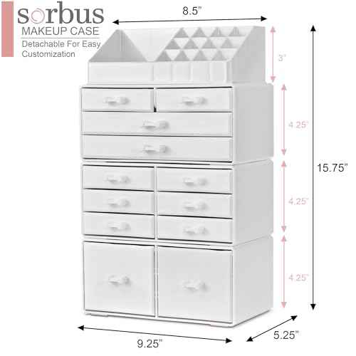 Sorbus Large Makeup Organizer - Stackable Jewelry & Makeup Organizer For Vanity, Bathroom Storage, Dresser - 12 Drawers Cosmetic Beauty Organizers and Storage with Lipstick, Makeup Brush Holder