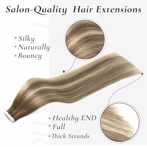 Tape in Hair Extensions Human Hair, 20pcs 50g 18 Inch Tape in Hair Extensions, Balayage Walnut Brown To Ash Brown Mix Light Blonde,Invisible Remy Silky Straight Real Natural Thick Human Hair