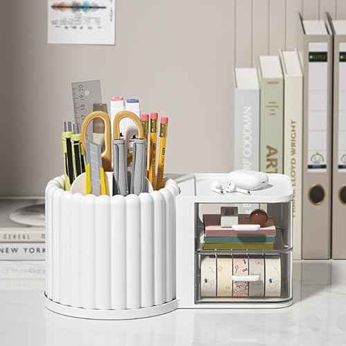 Anyoifax 360 Rotating Makeup Brush Holder 7 Slots Makeup Organizer with Drawer Removable Spinning Cosmetic Storage Pen Holder for Vanity, Dresser, Desk, White