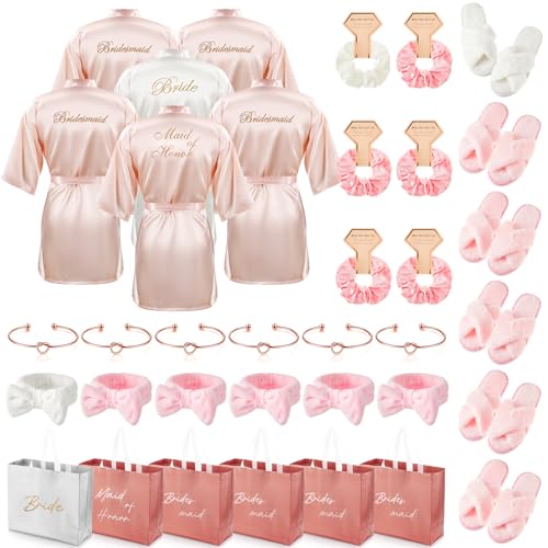 36 Pcs Bride Bridesmaid Robes Set of 6 Bridal Party Silk Satin Robes for Wedding Bachelorette Party Gifts(White,Pink)
