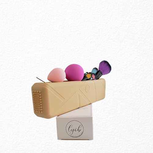 Silicone Makeup Organizer with Zipper Closure - Makeup Brush Cleaner & Holder, Small Makeup Bag for Travel Essentials, Cosmetic Bags for Women, Makeup Case & Brush Travel Pouch (Khaki)