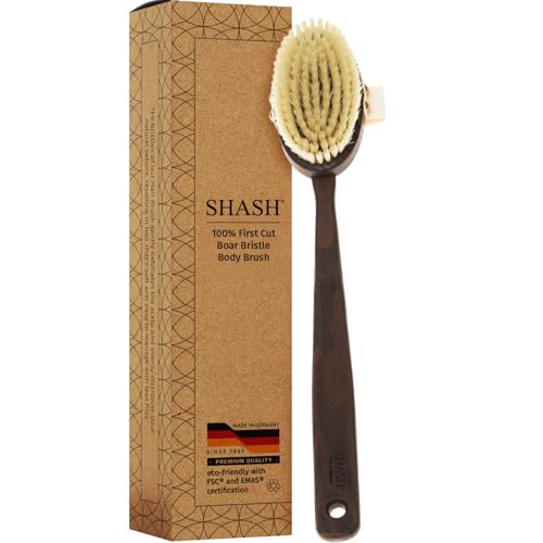 Shash Made in Germany Since 1869 - Frist Cut 100% Boar Bristle Body Brush, Gently Exfoliates Skin for a Softer, Smoother Complexion, Dry Brush Body Scrubber Promote Circulation for a Healthy Glow
