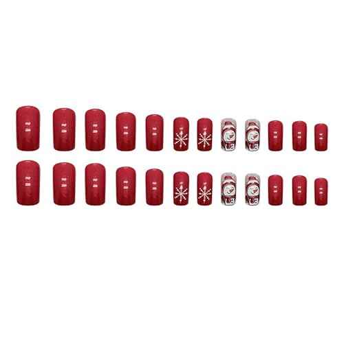 Christmas Press on Nails Long Square Fake Nails Red Nails Press ons with Snowman,Snowflake Designs Reusable Artificial Nail Full Cover Glossy Glue on Nails Stick on Nails for Women Manicure 24 Pcs