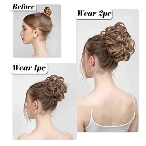 SARLA 2PCS Messy Hair Bun Hair Pieces Wavy Curly Synthetic Updo Fake Scrunchies Ponytail Extension for Women Dark Chocolate