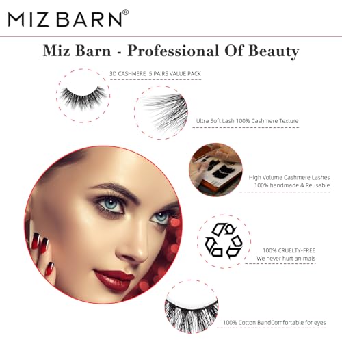 Miz Barn Lashes 3D Cashmere Long Extension Eyelashes Natural Look Soft Reusable Fake Eyelashes Multipack Wispy False Lashes 5 Pairs Natural Strip Eyelashes (CG201)