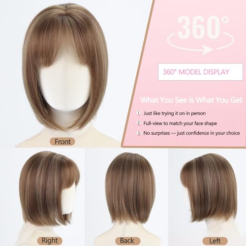 WIGYY Honey Brown Short Bob Wig with Bangs for White Women ? 12 Inch Straight Lace Front Synthetic Wig, Glueless Heat-Resistant Protein Fiber, Realistic Lightweight Daily Party Wear