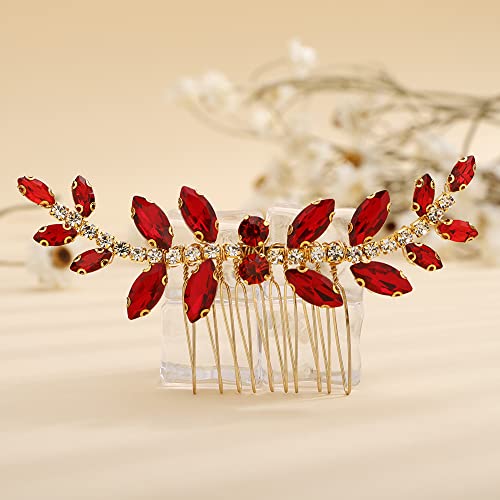 Teyglen Bridal Red Crystal Hair Comb - Rhinestone Headpiece for Brides, Women, and Girls