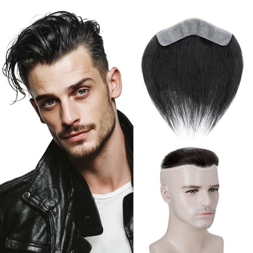 SEGO Men's Hairline Toupee 100% Human Hair Forehead Hairpiece V-Shape 1.57"x7" PU Thin Skin Base Natural Hairline Replacement£¨Hair:6" Long-#1 Jet Black