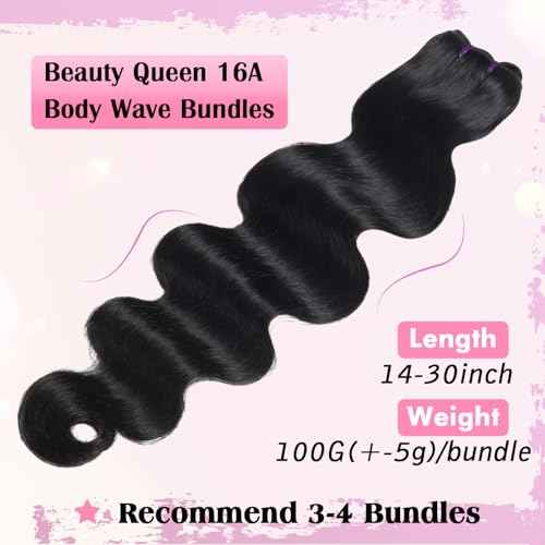 Beauty Queen 16A Body Wave Bundles Human Hair (20 18 16 Inch) 100% Unprocessed Brazilian Virgin Weave 3 Bundles Human Hair Full And Thick Remy Hair Extensions Natural Color for Women