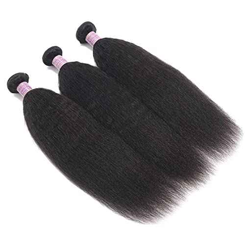 Kinky Straight Human Hair 3Bundles Natural Black Yaki Straigh Brazilian Virgin Remy Hair Grade 10A 100% Unprocessed Kinky Straight Human Hair Extensions (8 10 12 Inch, 3 Bundles)