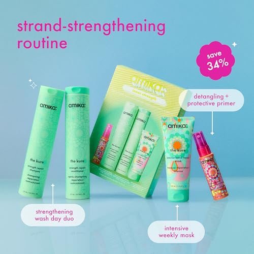 amika inner strength repair routine set | gift set for dry, damaged hair from bleach, color, chemical, or heat use