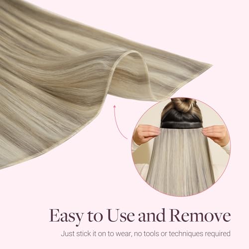 GOO GOO Tape In Weft Hair Extensions Human Hair, Genius PU Long Weft Tape In Hair Extensions Real Human Hair, Silky Easy to Use, P17A/60A Ash Blonde Highlighted Platinum Blonde 18 inch 50g