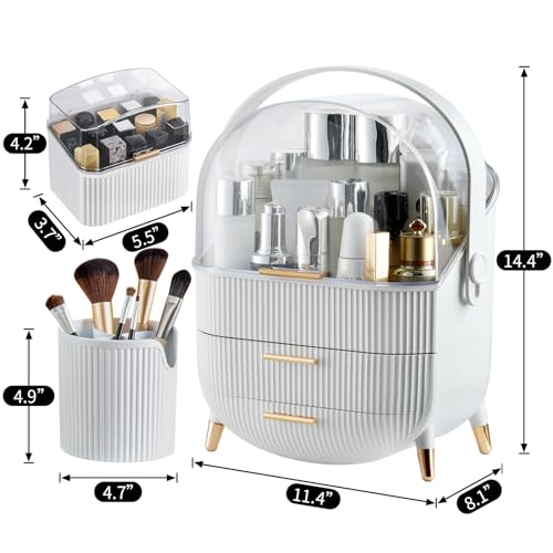 CANITORON Makeup Organizer,Skincare Organizer with 2 Drawers and Brush Storage Box,Lipstick Holder,Cosmetic Display Case for Vanity Organizer and Bathroom Countertop Storage.(White)