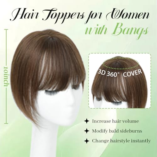 Hair Toppers for Women Real Human Hair Toppers with Bangs Hairpieces for Women with Thinning Hair 360¡Æ Cover Pieces 3 * 4.5 Swiss Base Hairpieces 10Inch (Medium Brown)