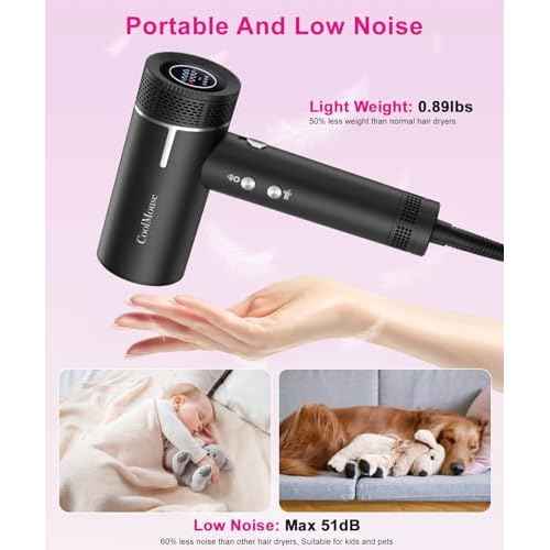 High-Speed Ionic Hair Dryer: 160000 RPM Brushless Motor Fast Drying Low Noise Thermo-Control Hairdryer,500 Millions Negative Ionic Care Blow Dryer Travel with Magnetic Diffuser & Nozzle