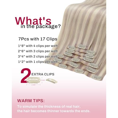 Moresoo Seamless Clip in Hair Extensions Human Hair Blonde Highlight Remy PU Weft Human Hair Clip in Extensions for Women Cool Ash Brown with Bleach Blonde with A Hint of Pink 7pcs 120g 20Inch