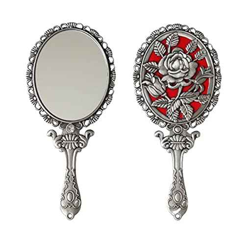 Vintage Hand Mirror with Embossed Rose on The Back Handheld Makeup Beauty Metal Mirror Compact Purse Small Mirror (Tin (Matt Silver))