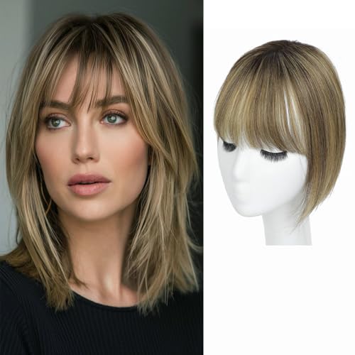 Hair Toppers for Women Real Human Hair, 10 Inch 360¡Æ Cover Hair Toppers for Women with 3.5x4 inch Hand-woven Swiss Base (Medium Brown Mix Blonde with Dark Brown Root)