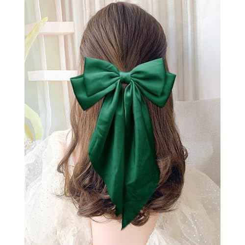 Dark Green Satin Long Tail Large Hair Bows for Women - 2Pcs Wedding Prom Gift Ribbons, Clips and Accessories