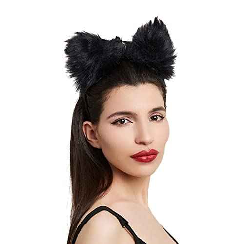 Cat Fox Fur Ears Headband Black Hair Bands Anime Cosplay Costume Halloween Fancy Party Decorationes Hair Accessories for Women and Girls (Black)