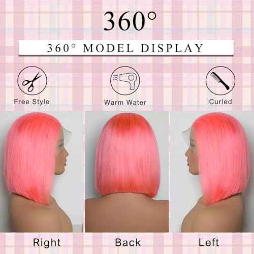 Pink Bob Wig Human Hair 10 Inch 13x4 Cotton Candy Pink Straight HD Lace Frontal Wig Human Hair Pre Plucked with Baby Hair Bubblegum Lace Closure Human Hair Wig 150 Density for Women