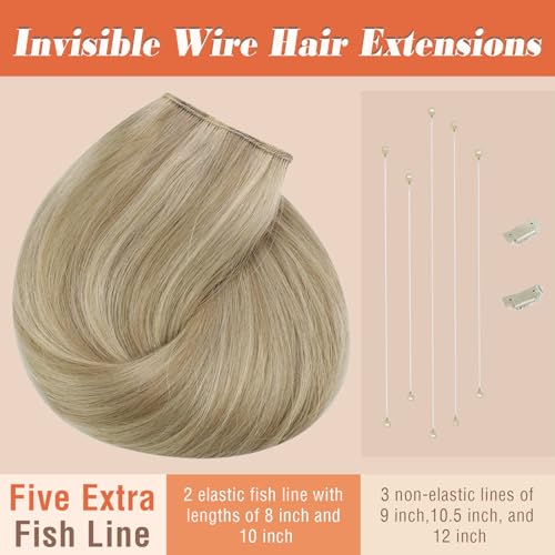 Sunny Hair Wire Hair Extensions Real Human Hair Fish Line Human Hair Extensions Invisible Wire Extensions Golden Blonde with Medium Blonde Highlights #16/22 18 Inch