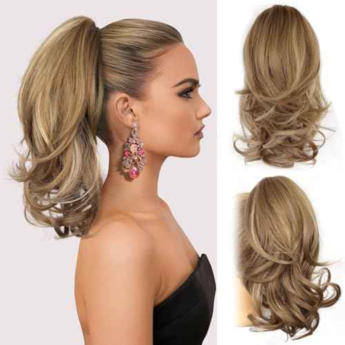 14 Inch Ponytail Extension - Wavy Pony Tails Hair Extensions, Claw Clip Ponytail Extension, Synthetic Hair Extensions Ponytail, Clip on Ponytails for Women (Light Brown With Beige Highlights)