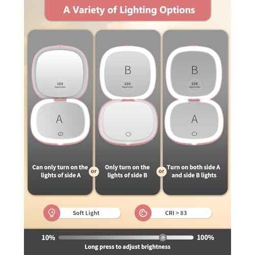 WOBSION Rechargeable Lighted Travel Makeup Mirror,1x/10x Compact Magnifying Mirror with Lights,Portable for Bag,4inch,Gift,Rose Gold
