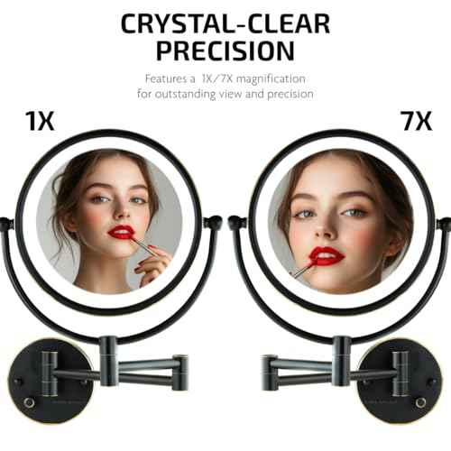 OVENTE Wall Mounted Lighted Makeup Vanity Mirror, 9" Hard Wired Double Sided 1X/7X Magnifying Bathroom Mirror, Dimmable LED Lights, 360¡Æ Rotation and 14" Extendable Arm, Rubbed Bronze MPWD3185BZ1X7X