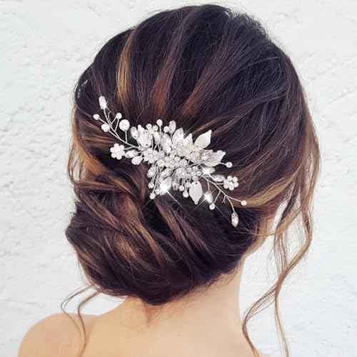 JEAIRTS Crystal Hair Comb Silver Bridal Pearl Headpiece Wedding Hair Accessories for Women