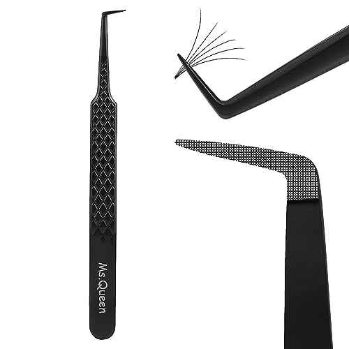Ms.Queen Lash Tweezers for Eyelash Extensions, Diamond Grip 90 Degree Fiber Tip Volume Lash Extension Tweezers,Black