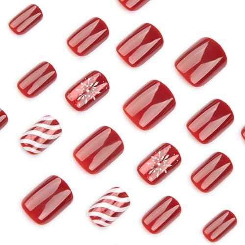 Christmas Press on Nails Short Square Red Nails Press Ons with Candy Stripes Snowflakes Designs Acrylic Fake Nail with Wearing Tools Removeable Xmas Artificial Nails 24pcs New Year Gifts