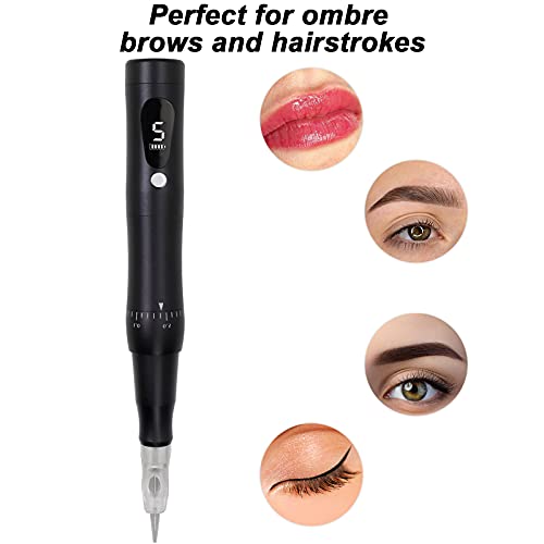 Cordless Permanent Makeup Machine Kit 5 Speeds Levels with Spare Battery for Eyebrows Eyeliner Lip Brushing (Black Machine)