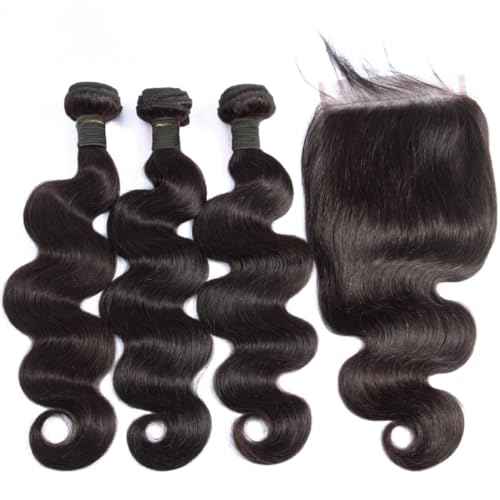 Bundles with Closure Human Hair Body Wave Bundles Human Hair with 4x4 Lace Closure 100% Unprocessed Virgin Hair Extensions Natural Color (14" 14" 14" + 10" Closure)