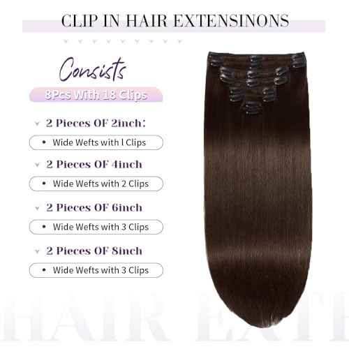 Remy Hair Extensions clip ins Hair Etensions for Women ailiceehr Dark Brown Double Weft Natural Hair Extensions Straight 8Pcs Soft and Thick 14inch 75g.
