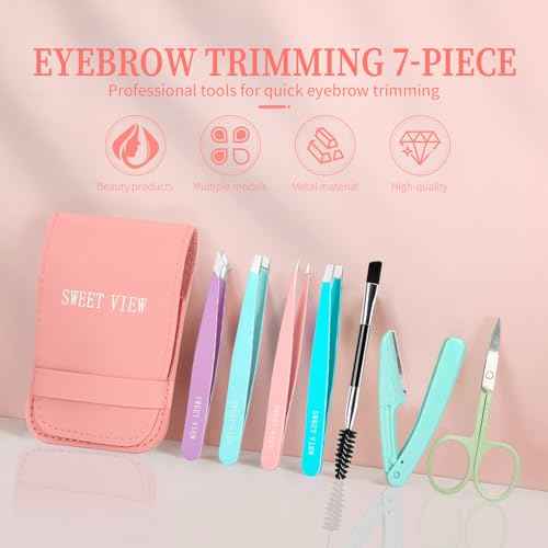7pcs Eyebrow Tweezers Kit for Women Precision Plucker with Brow Scissors & Razor & Spoolie for Facial, Chin, Brow, Splinter and Ingrown Hair