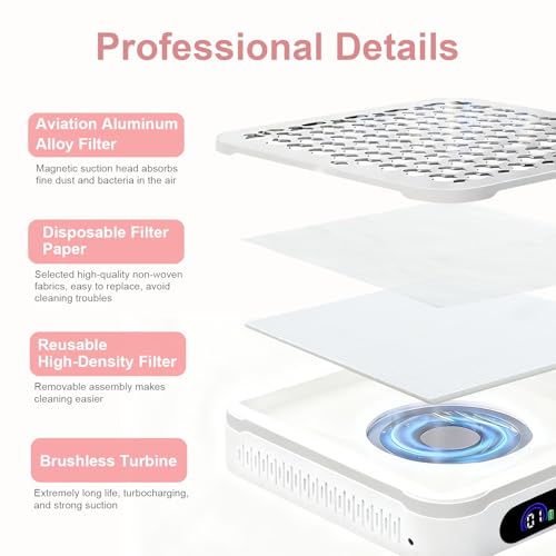 Nail Dust Collector with 10 Speed Settings, Powerful Suction Nail Vacuum, Nail Fan Dust Collector for Beginner, Dust Collector Nail Tech for Acrylic Nail Polishing Manicure Salon Home (White)