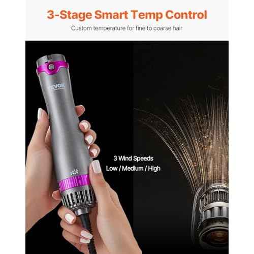 VEVOR Hair Air Styler and Dryer Brush, 5-in-1 Multi Hair Styler with 3 Brushes & 2 Nozzles, Ionic Blow Dryer Brush, Reduced Heat Damage, High-Speed Styling Tool for Volumizing Straightening Curling
